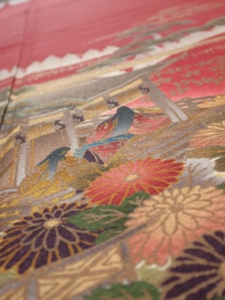 Photo6: 2N04z140  Japanese Kimono Silk  FABRIC Japanese palace garden Dark red 63.0x19.9 (6)