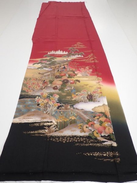 Photo7: 2N04z140  Japanese Kimono Silk  FABRIC Japanese palace garden Dark red 63.0x19.9 (7)