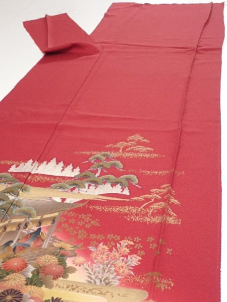Photo8: 2N04z140  Japanese Kimono Silk  FABRIC Japanese palace garden Dark red 63.0x19.9 (8)