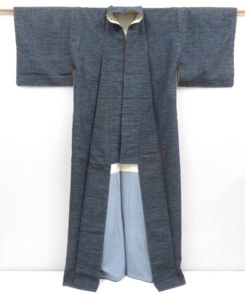 Photo8: 4510T10z1010 Vintage Japanese Kimono Silk TSUMUGI  Navy-Gray (8)