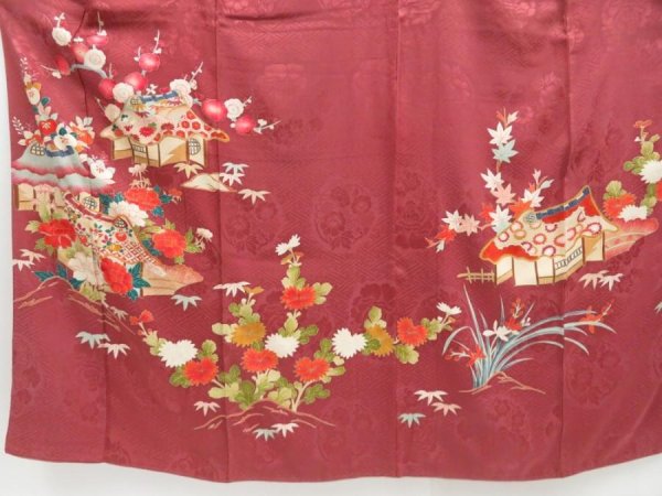 Photo5: 4512T04z680 Antique Japanese Kimono Silk TSUKESAGE House Red-Brown (5)