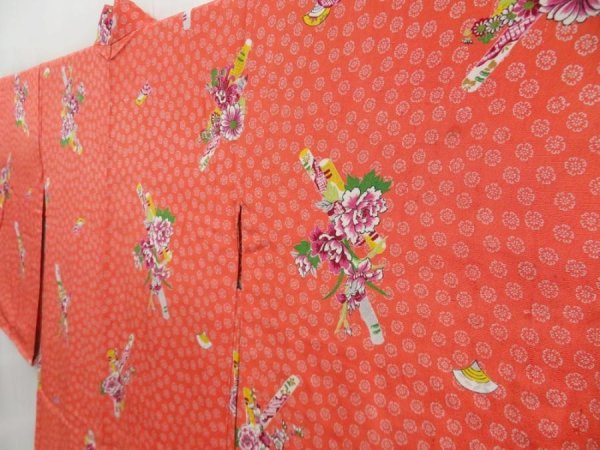 Photo4: 4512T07z500 Antique Japanese Kimono Silk NAGA-HAORI Flowers Dark salmon (4)