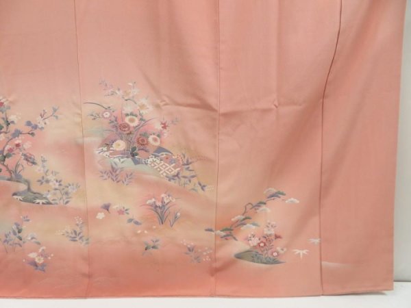 Photo7: 4517T06z970  Japanese Kimono Silk TSUKESAGE Flowers Dark salmon (7)