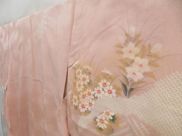 Photo2: 4517T10z990  Japanese Kimono Silk TSUKESAGE Flower Pink (2)