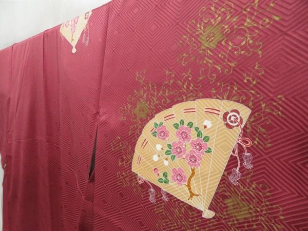 Photo2: 4517T12z950  Japanese Kimono Silk TSUKESAGE Folding fan Wine red (2)