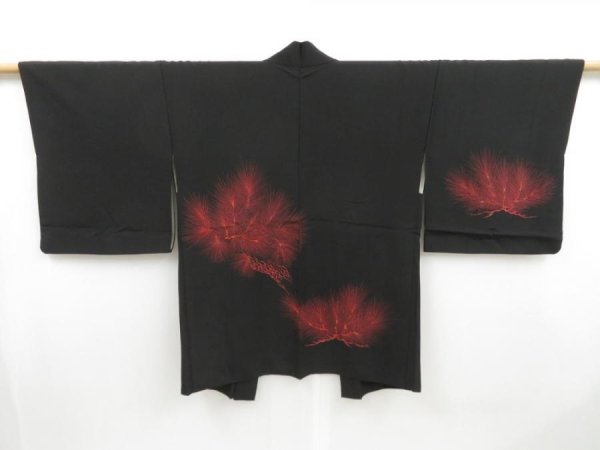 Photo2: 4520T09z570 Vintage Japanese Kimono Silk HAORI Pine Black (2)