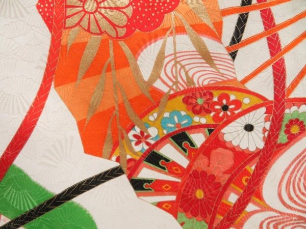 Photo4: 4524T04z880 Vintage Japanese Kimono Silk Girl's  Folding fan Off-white (4)