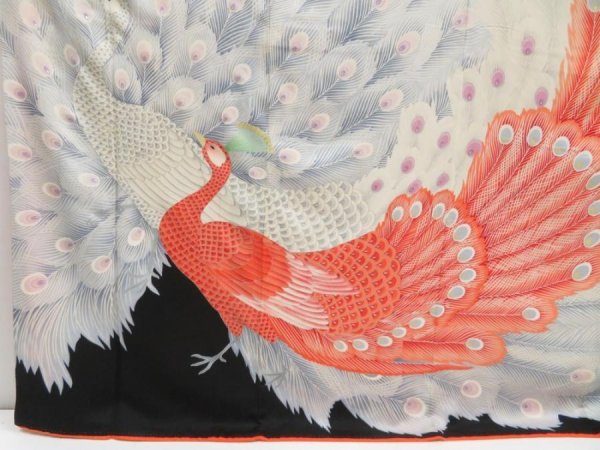 Photo6: 4524T12z1230 Vintage Japanese Kimono Silk FURISODE Peacock Off-white (6)