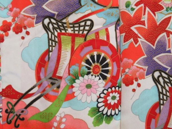 Photo4: 4526T06z610 Vintage Japanese Kimono Synthetic Girl's  Royal cart Off-white (4)