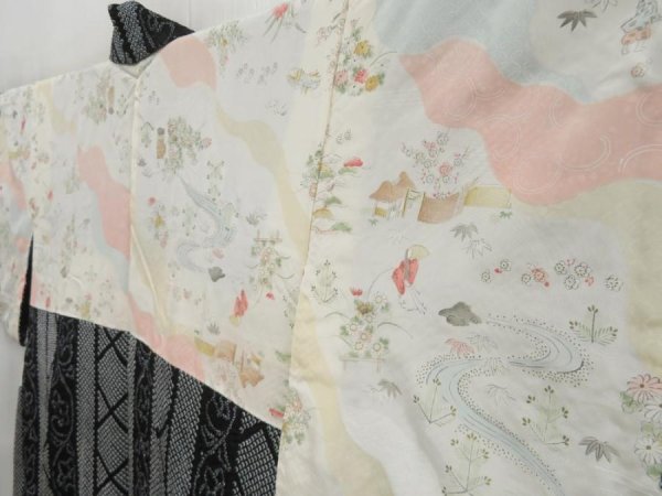 Photo7: 4530T09z520 Vintage Japanese Kimono Silk SHIBORI HAORI Flower Black (7)