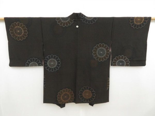 Photo1: 4601T12z700 Vintage Japanese Kimono Silk HAORI Chrysanthemum Black (1)