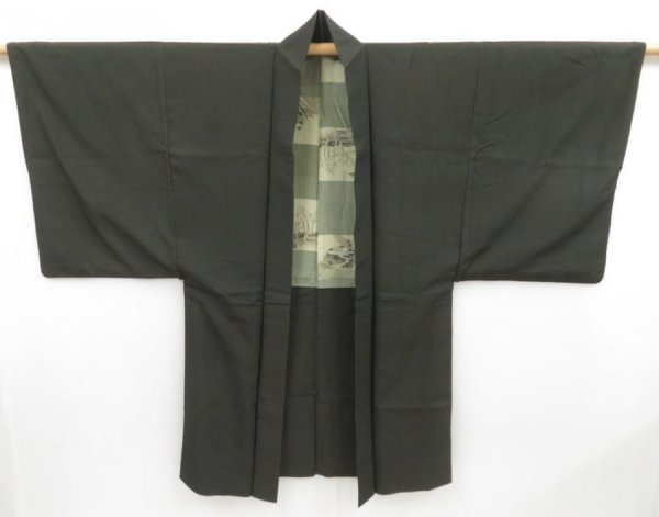 Photo2: 4602T08z580 Vintage Japanese Kimono Silk Men's HAORI Scenery Green-Gray (2)
