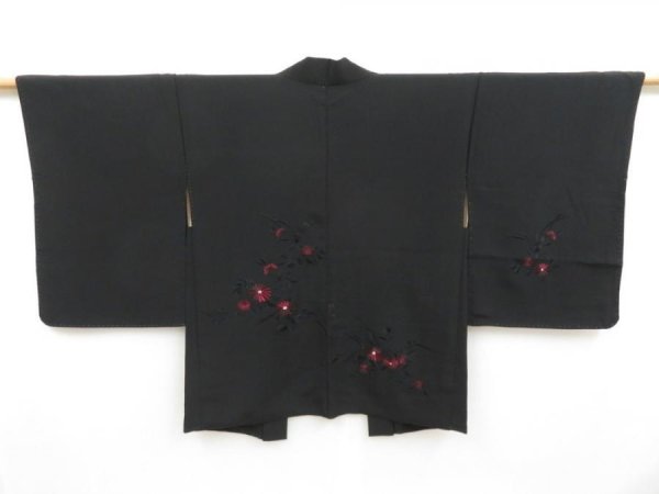 Photo1: 4603T12z580 Vintage Japanese Kimono Silk HAORI Embro Flowers Black (1)