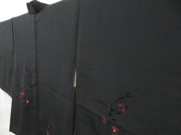 Photo2: 4603T12z580 Vintage Japanese Kimono Silk HAORI Embro Flowers Black (2)