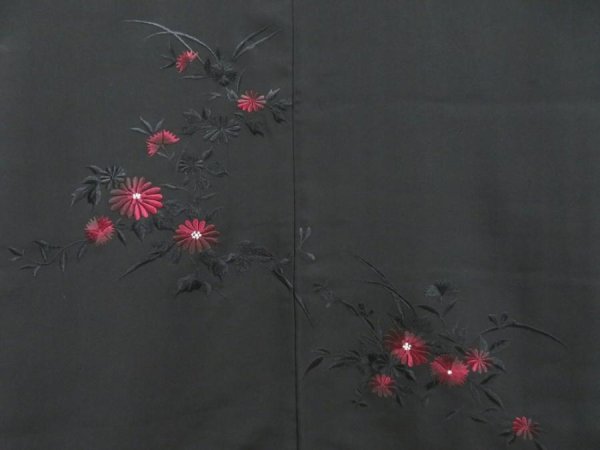 Photo3: 4603T12z580 Vintage Japanese Kimono Silk HAORI Embro Flowers Black (3)