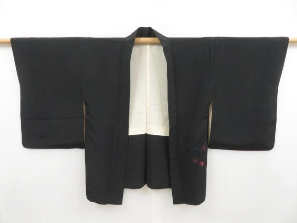 Photo5: 4603T12z580 Vintage Japanese Kimono Silk HAORI Embro Flowers Black (5)