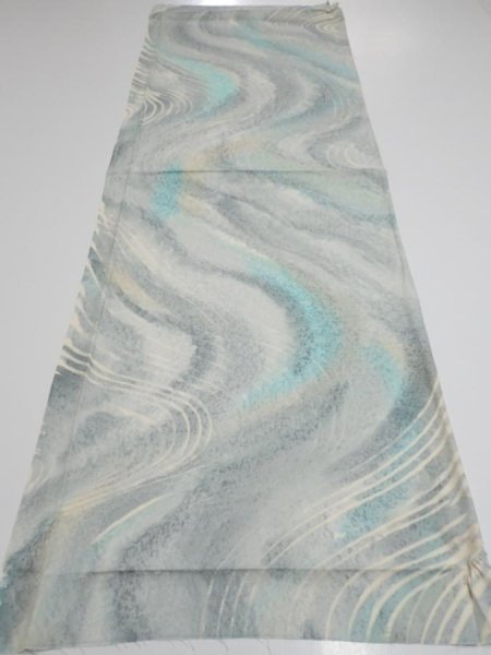 Photo5: 2T02z60  Japanese Kimono Silk  FABRIC Stream Light blue-gray 41.7x14.6 (5)