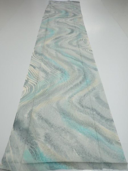 Photo5: 2T04z90  Japanese Kimono Silk  FABRIC Stream Light blue-gray 66.1x14.4 (5)