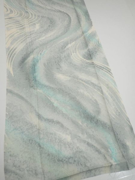 Photo2: 2T06z90  Japanese Kimono Silk  FABRIC Stream Light blue-gray 65.4x14.6 (2)