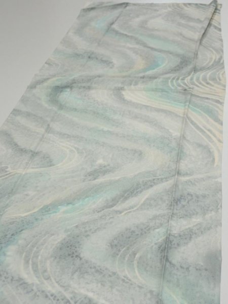 Photo3: 2T06z90  Japanese Kimono Silk  FABRIC Stream Light blue-gray 65.4x14.6 (3)