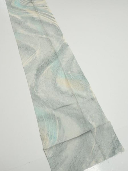 Photo2: 2T09z60  Japanese Kimono Silk  FABRIC Stream Light blue-gray 78.7x7.3 (2)