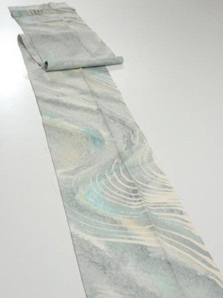 Photo3: 2T09z60  Japanese Kimono Silk  FABRIC Stream Light blue-gray 78.7x7.3 (3)