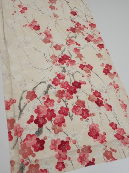 Photo2: 2U01z70  Japanese Kimono Silk  FABRIC Plum branch Off-white 47.2x14.2 (2)