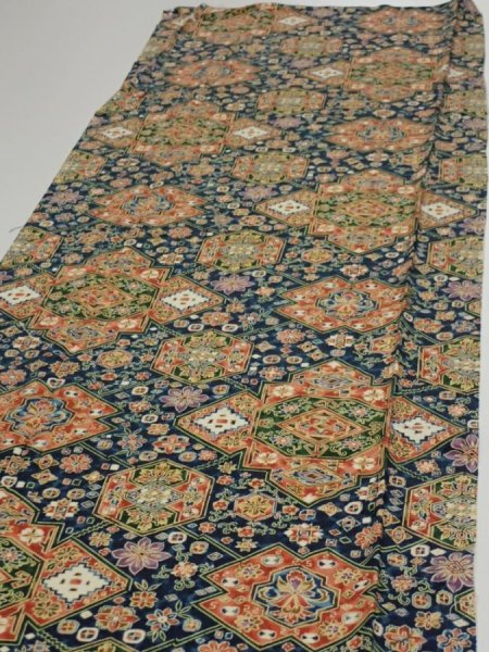 Photo3: 2S03z80  Japanese Kimono Silk  FABRIC Flowers Dark navy 61.4x14.2 (3)