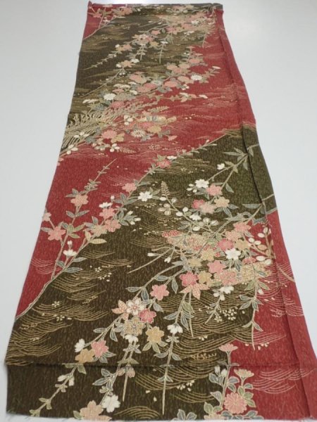 Photo5: 2S02z60  Japanese Kimono Silk  FABRIC Flowers Dull red 42.1x14.8 (5)