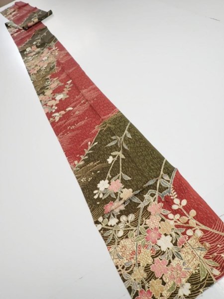 Photo5: 2S09z60  Japanese Kimono Silk  FABRIC Flowers Dull red 86.6x6.9 (5)