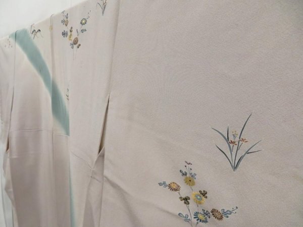 Photo2: 4604T08z980 Vintage Japanese Kimono Silk TSUKESAGE Flowers Light gray (2)
