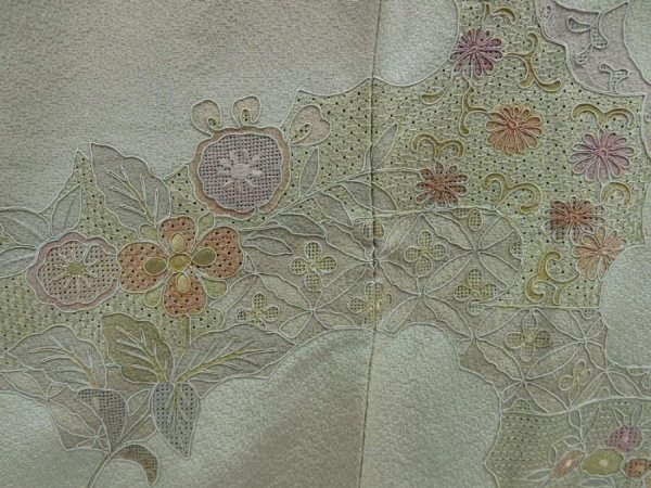 Photo4: 4604T09z1030  Japanese Kimono Silk TSUKESAGE Embro Flowers Sage green (4)