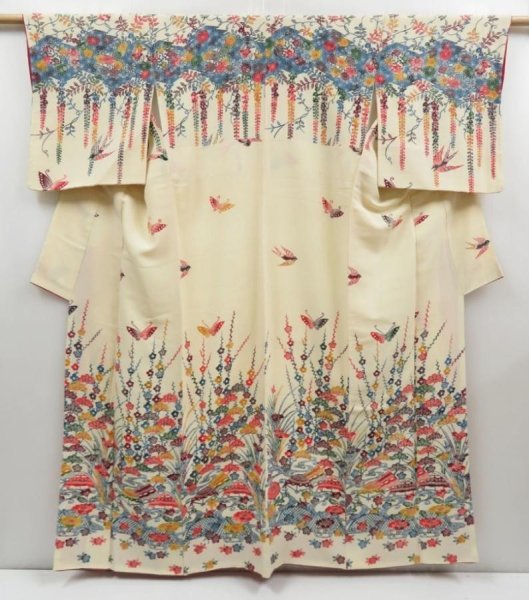 Photo1: 4607T09z1090 Vintage Japanese Kimono Crepe Silk TSUKESAGE Kyo-bingata (1)