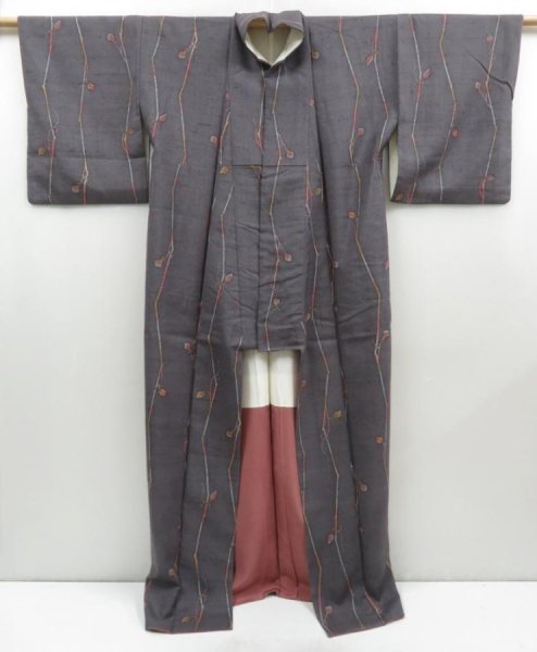 Photo8: 4607T13z1000 Vintage Japanese Kimono Silk TSUMUGI Branch Dark gray (8)