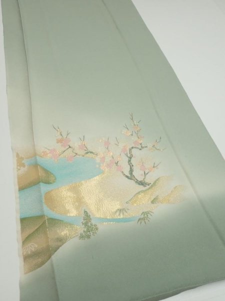 Photo2: 2A03z90  Japanese Kimono Silk  FABRIC Plum tree Soft green 74.0x14.2 (2)