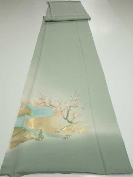 Photo5: 2A03z90  Japanese Kimono Silk  FABRIC Plum tree Soft green 74.0x14.2 (5)