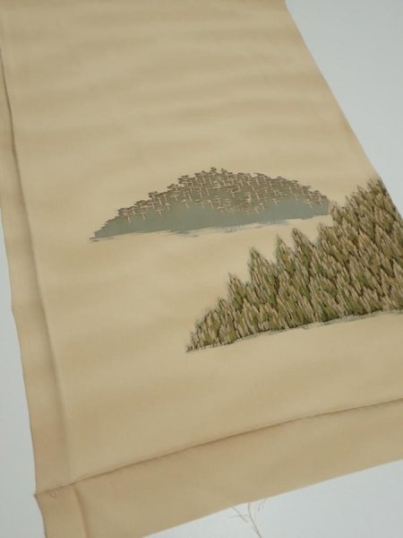 Photo2: 2A02z60  Japanese Kimono Silk  FABRIC Trees Champagne 40.9x14.6 (2)