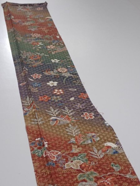 Photo3: 2A07z50  Japanese Kimono Silk  FABRIC Birds Navy-Purple 59.8x7.3 (3)