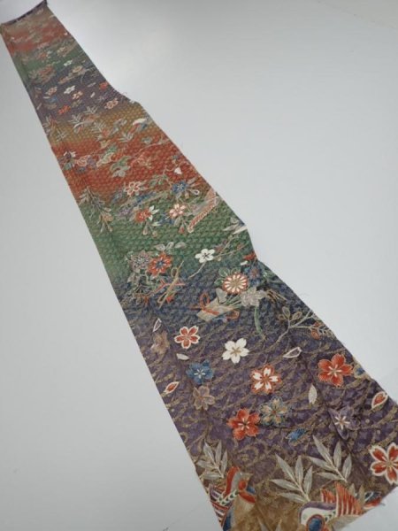 Photo5: 2A07z50  Japanese Kimono Silk  FABRIC Birds Navy-Purple 59.8x7.3 (5)