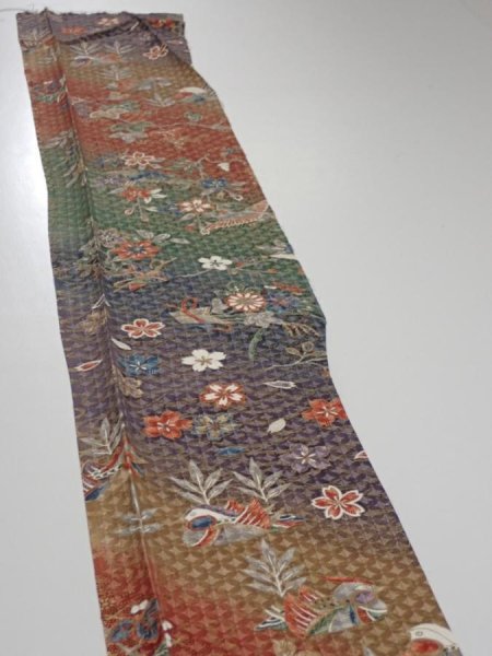 Photo3: 2A08z50  Japanese Kimono Silk  FABRIC Birds Navy-Purple 59.1x7.3 (3)