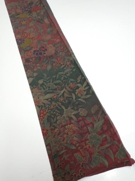 Photo2: 2A08z50  Japanese Kimono Crepe Silk  FABRIC Flowers Dark red 63.0x7.1 (2)