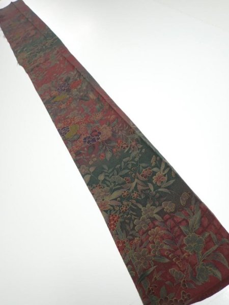 Photo5: 2A08z50  Japanese Kimono Crepe Silk  FABRIC Flowers Dark red 63.0x7.1 (5)
