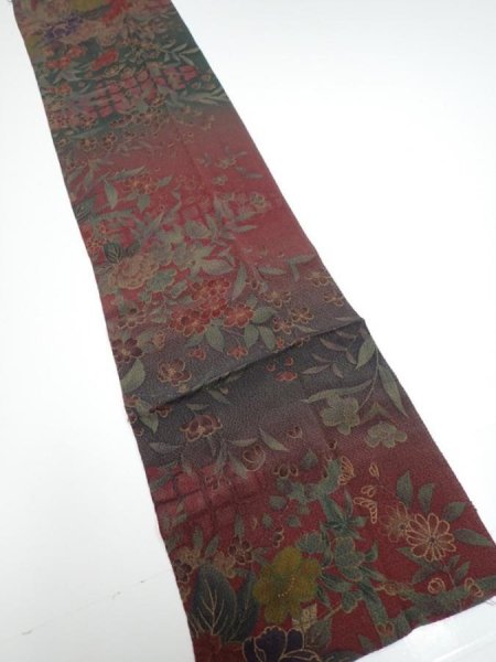 Photo2: 2A09z80  Japanese Kimono Crepe Silk  FABRIC Flowers Dark red 91.3x7.1 (2)