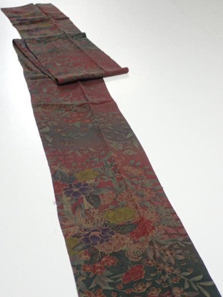 Photo3: 2A09z80  Japanese Kimono Crepe Silk  FABRIC Flowers Dark red 91.3x7.1 (3)