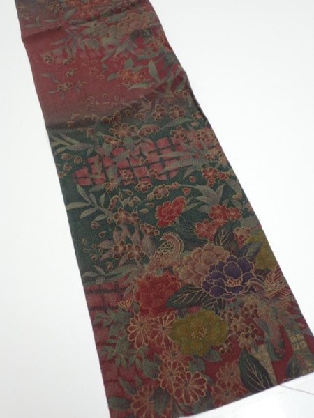 Photo2: 2A10z30  Japanese Kimono Crepe Silk  FABRIC Flowers Dark red 36.2x7.1 (2)