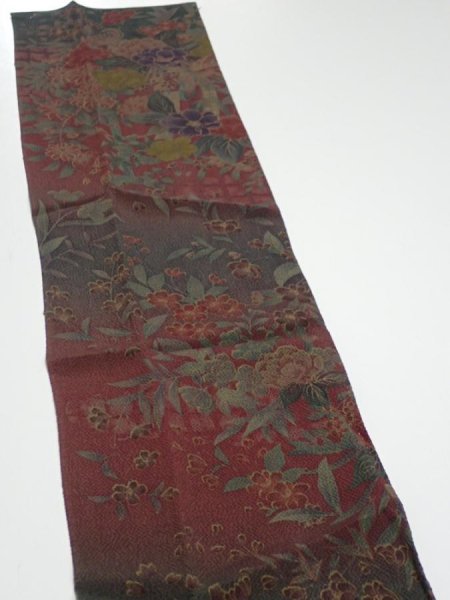 Photo3: 2A10z30  Japanese Kimono Crepe Silk  FABRIC Flowers Dark red 36.2x7.1 (3)
