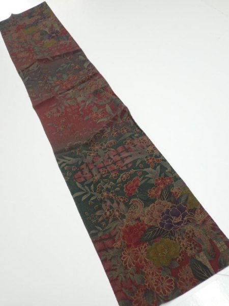 Photo5: 2A10z30  Japanese Kimono Crepe Silk  FABRIC Flowers Dark red 36.2x7.1 (5)