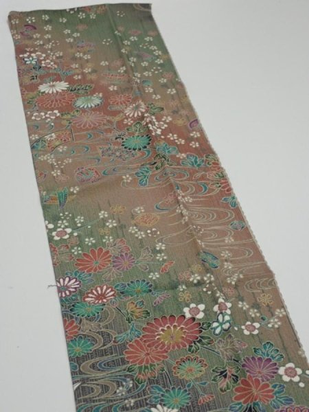 Photo3: 2B10z30  Japanese Kimono Silk  FABRIC Flowers Dull green 36.2x6.9 (3)