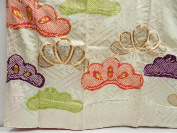 Photo6: 4616T12z1020 Vintage Japanese Kimono Silk FURISODE Pine Off-white (6)