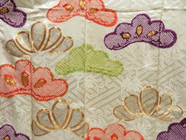 Photo8: 4616T12z1020 Vintage Japanese Kimono Silk FURISODE Pine Off-white (8)